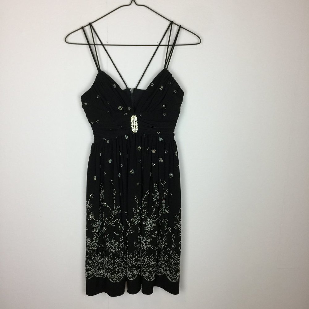 Cache Mini Dress Sz 2 Womans Black Knit V-Neck Spaghetti Beaded Party Cocktail